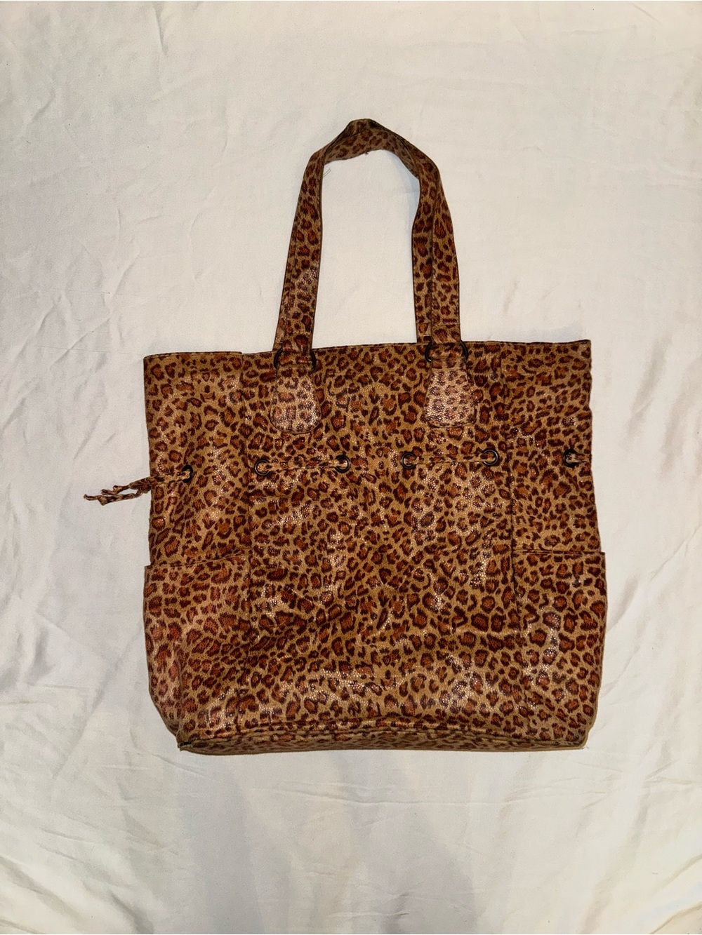 Vintage Neiman Marcus Leopard Print Tote Bag Animal Print Leather Trim Y2K